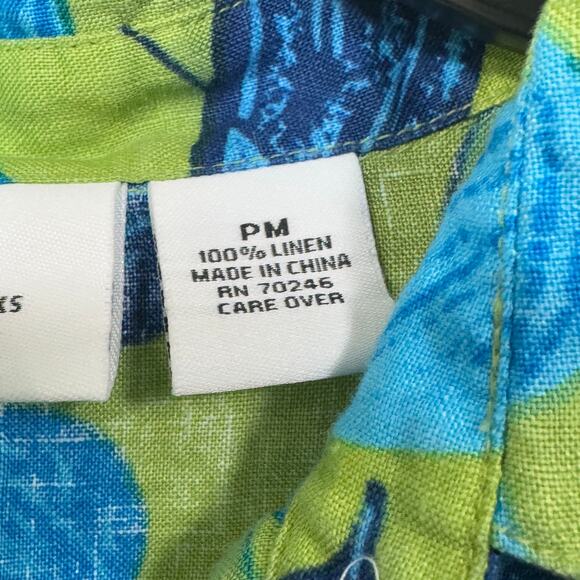 Parisian Works Womens Button Up Blouse Size Petite Medium Green Blue 100% Linen - Picture 5 of 12